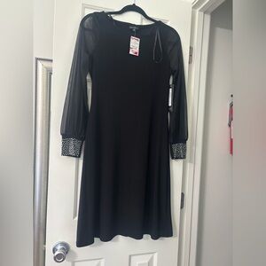 Nicole Miller Black Long Sleeve Mesh-Sleeve Dress with Embellished Cuffs